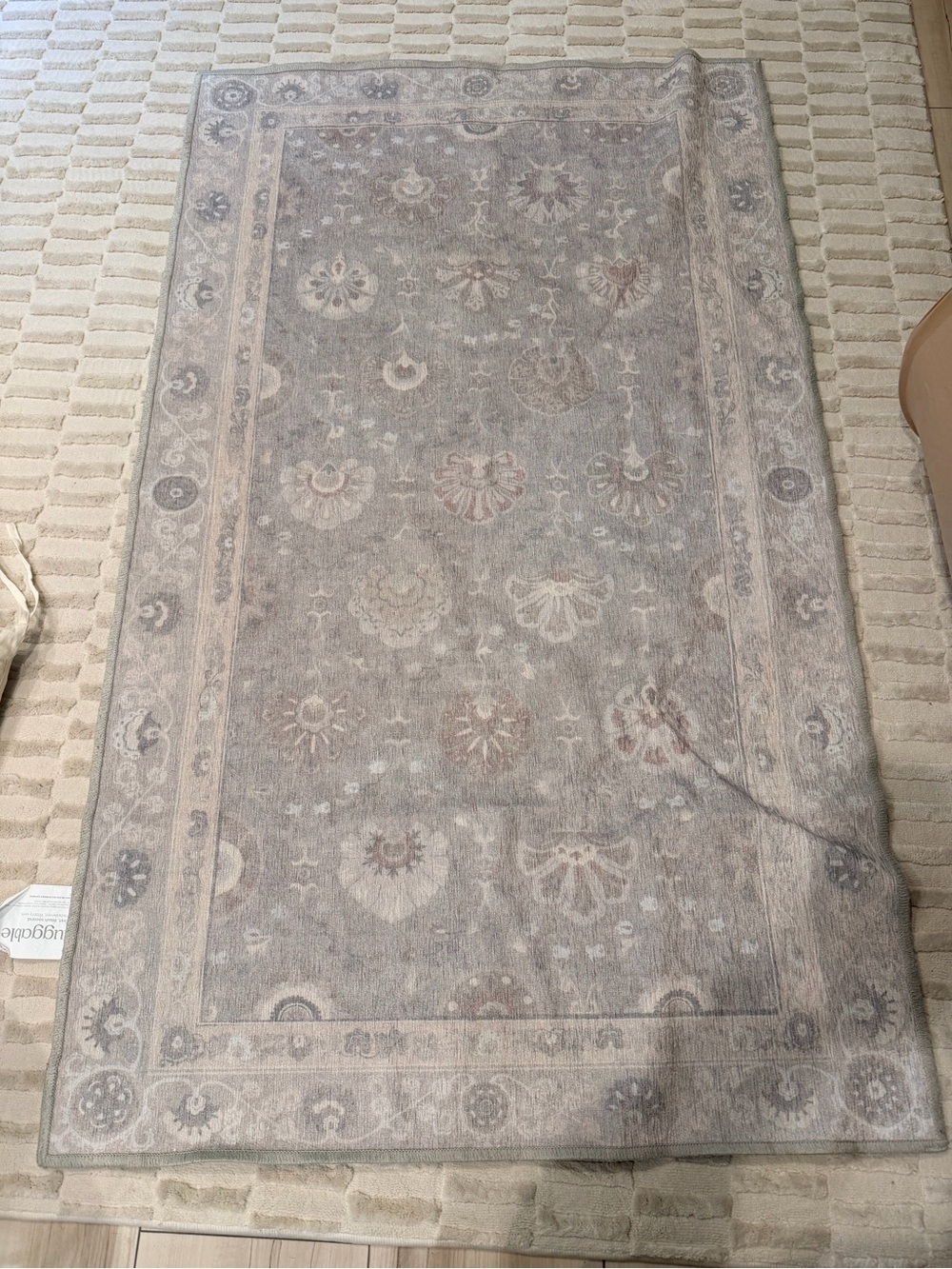 Ruggable Neutral Gray Floral Border Area Rug - Elegant Home Accent 5 by 3 ft